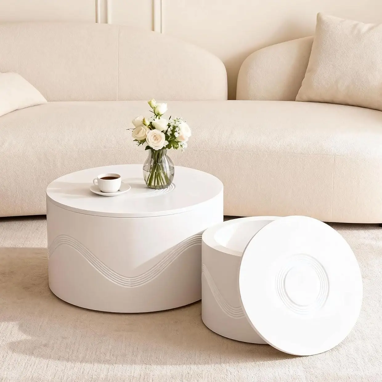 

White Coffee Table Set Of 2 With Storage, Wood Center Table With Non-Slip Foot Pad, Modern Nesting Tables For, Customized