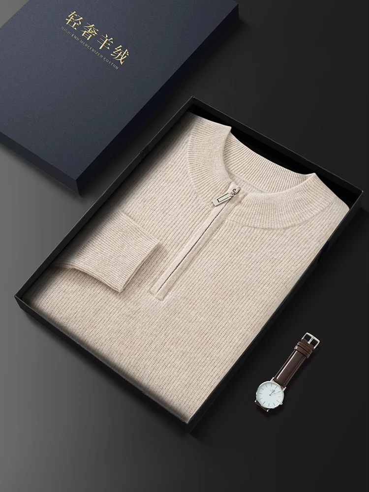 

Men 100%Cashmere Sweater Thick Zipper Mock Neck Long Sleeve Pullover Autumn Winter Smart Casual Style Cashmere High Quality Top