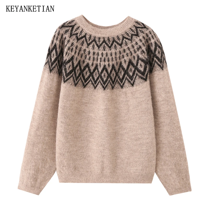 

KEYANKETIAN 2026 Spring New Women's Jacquard Decorative Sweater Pullover Retro style O-Neck Long Sleeve Loose Knitted Top