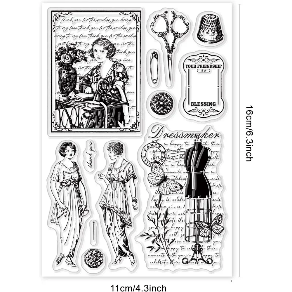 Vintage Sewing Background Clear Stamps for DIY Scrapbooking Elegant Lady Mannequin Silicone Clear Stamp Seals for Journals Decor