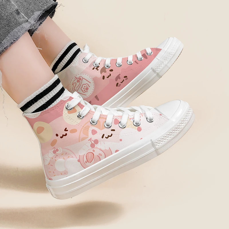 Amy and Michael Sweet Lovely Pink Hand Painted Canvas Shoes Kawaii Girls Students Casual Sneakers High Top Women Flat Plimsolls