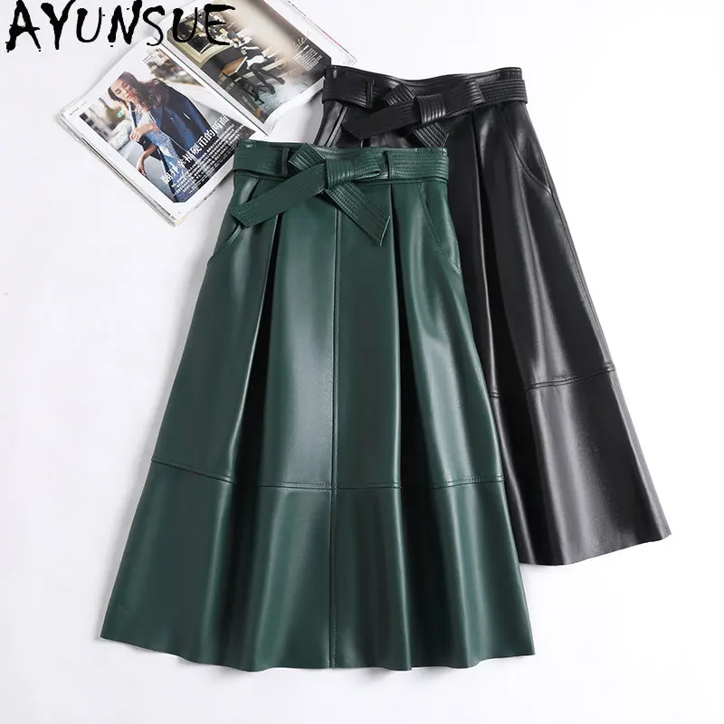 

AYUNSUE Real Leather Skirt Women's Clothing High Waist Skirt Korean Style Elegant Genuine Sheepskin Skirts Belt Outwears Faldas