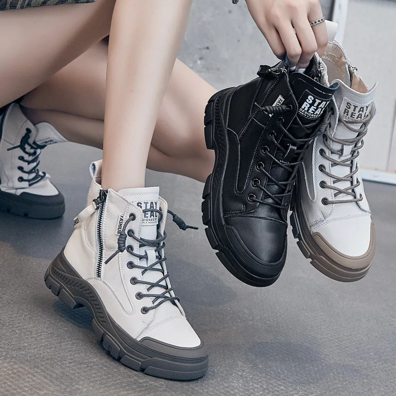 

High Quality Women High Top Sneakers 2026 Side Zipper Combat Boots Casual Platform Shoes Lace-up Round Toe Outdoor Ankle Boots