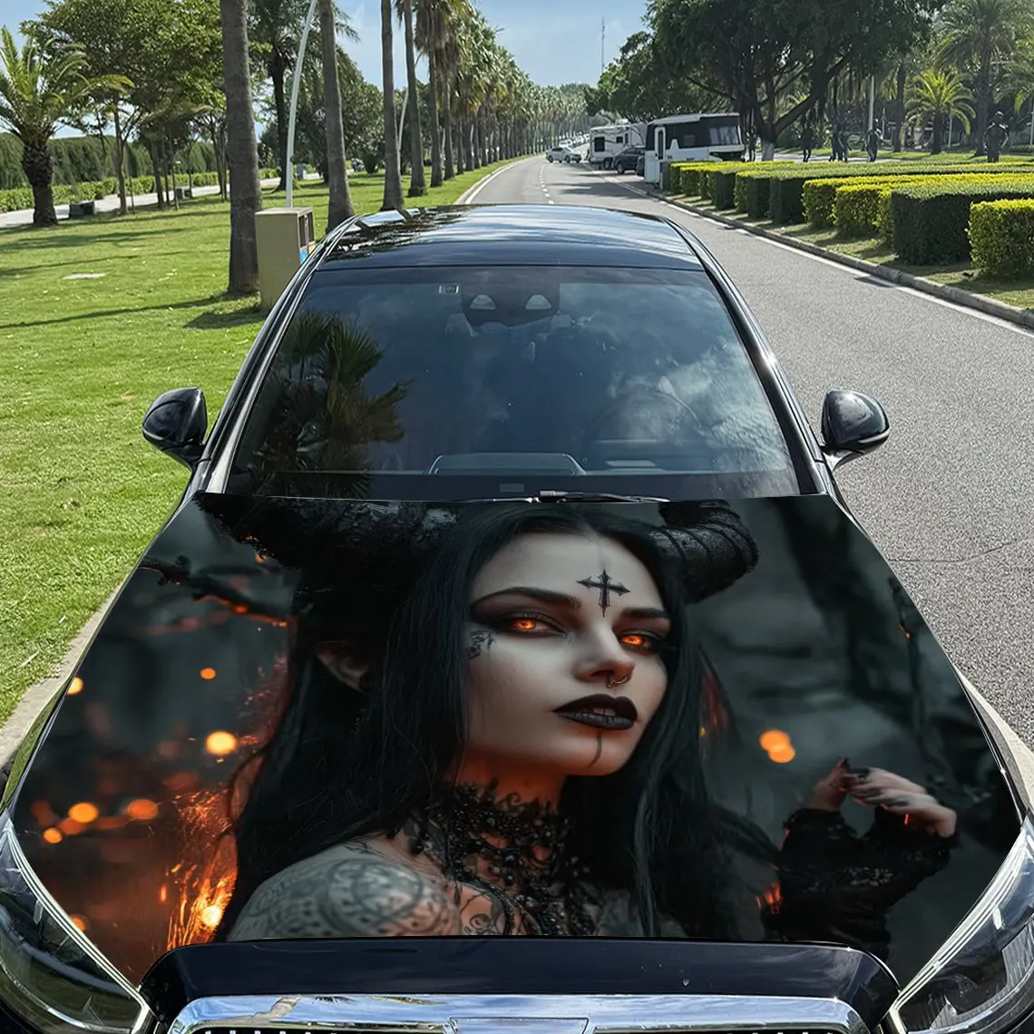

Bull Horn Mysterious Demon Car Hood Sticker-waterproof And Scratch Resistant PVC Car Sticker, Suitable For Cars, Trucks, And SUV