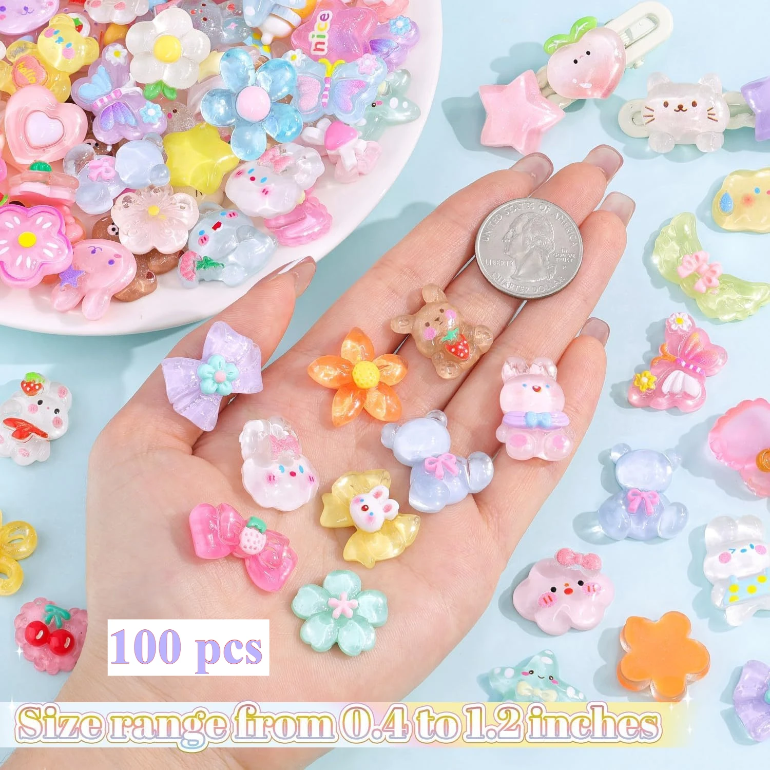 Kawaii Harz-Glitzer-Designs, leichte Ornamente, 100/200/300 Stück, DIY-Handyhüllen, Nagelschmuck, Bastelzubehör – Detail 9