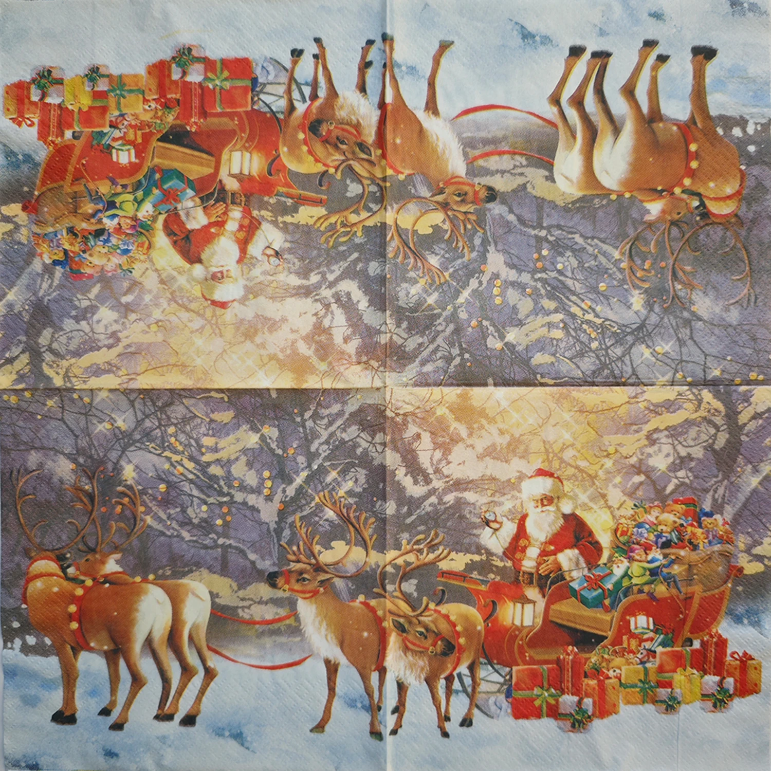 20 szt. Złote Świąteczne Serwetki Papierowe z Motywem Świętego Mikołaja, Reniferów, Sanek i Elfów, Dekoracyjne, Jednorazowe, 3-warstwowe, 33x33cm