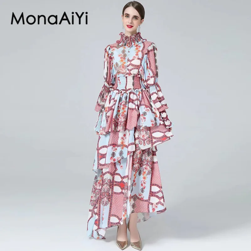 

MonaAiYi Autumn Women's Ball Gown Dress Turtleneck Sheep horn sleeve Elastic Waist Tiered Ruffles Asymmetrical Dresses