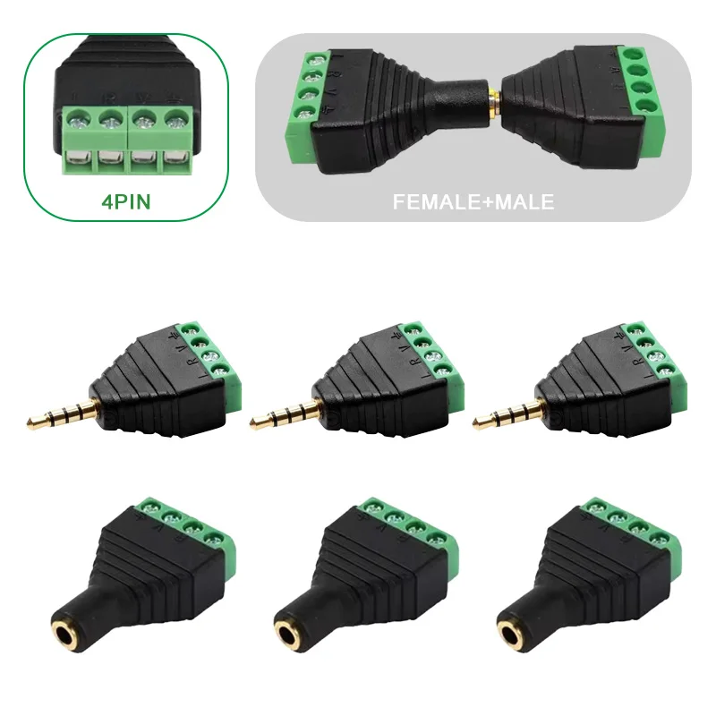 5/20/100PCS 3.5mm Stereo Connector Male Plug Female Jack To 4 Screw Double Track Female Terminal 4 Pole AV Balun Terminal Block