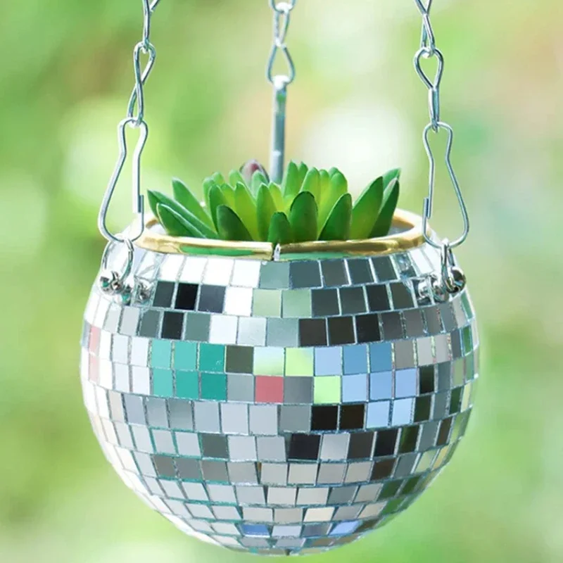Hanging Mirror Spherical Plastic Flower Pot Gardening Hanging Basket Disco Flower Pot