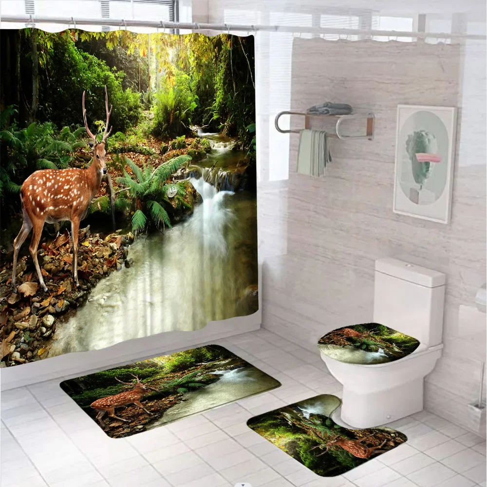 Animal Shower Curtain Set for Bathroom Deer Stream Grass Forest Waterproof Bathtub Screen Non Slip Rug Bath Mat Toilet Lid Cover