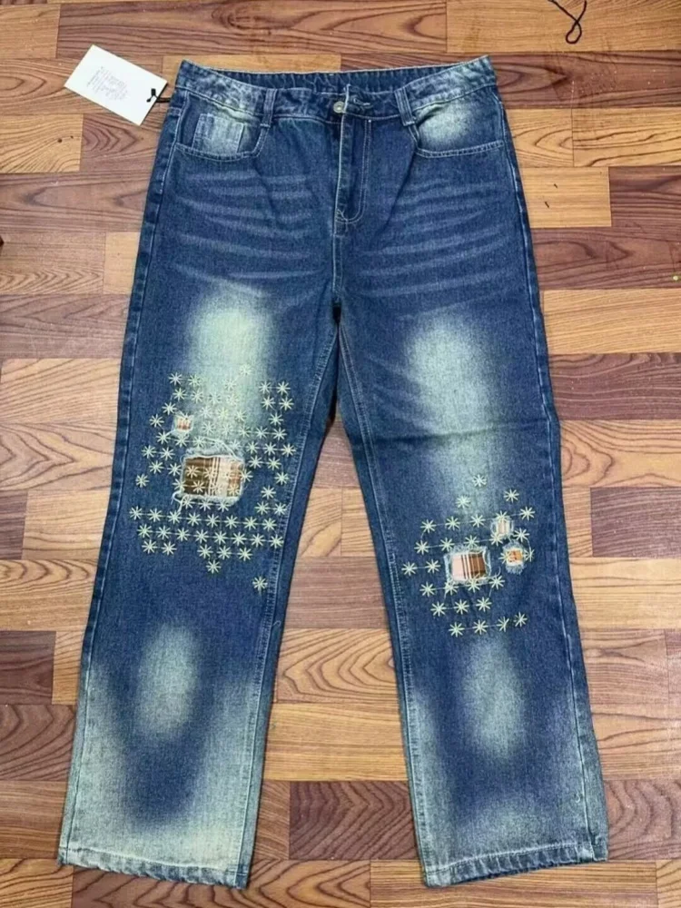 2025 Ropa Y2K Streetwearลายสก๊อตPatchwork Baggyซ้อนกางเกงยีนส์กางเกงสําหรับชายเสื้อผ้าตรงกางเกงยีนส์สีฟ้าPantaloni Uomo