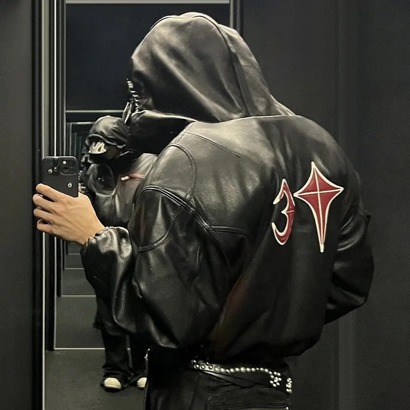 Thug Club 新作 ニッチ ストリートウェア ブランドデザイン - 厚手の暖かいPUレザー フード付きジャケット コットン裏地付き