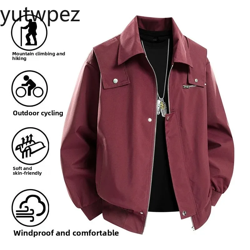 Men‘s Lapel Loose Windproof Outdoor Hiking Sports Running Multi Pocket Rivet Decor Casual Streetwear Bomber Coat Baseball Jacket
