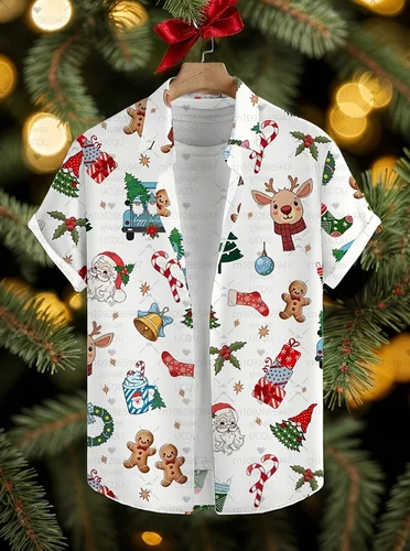 Camisa de manga corta con solapa y estampado gráfico para hombre de estilo navideño, camisas informales con botones para uso diario en verano