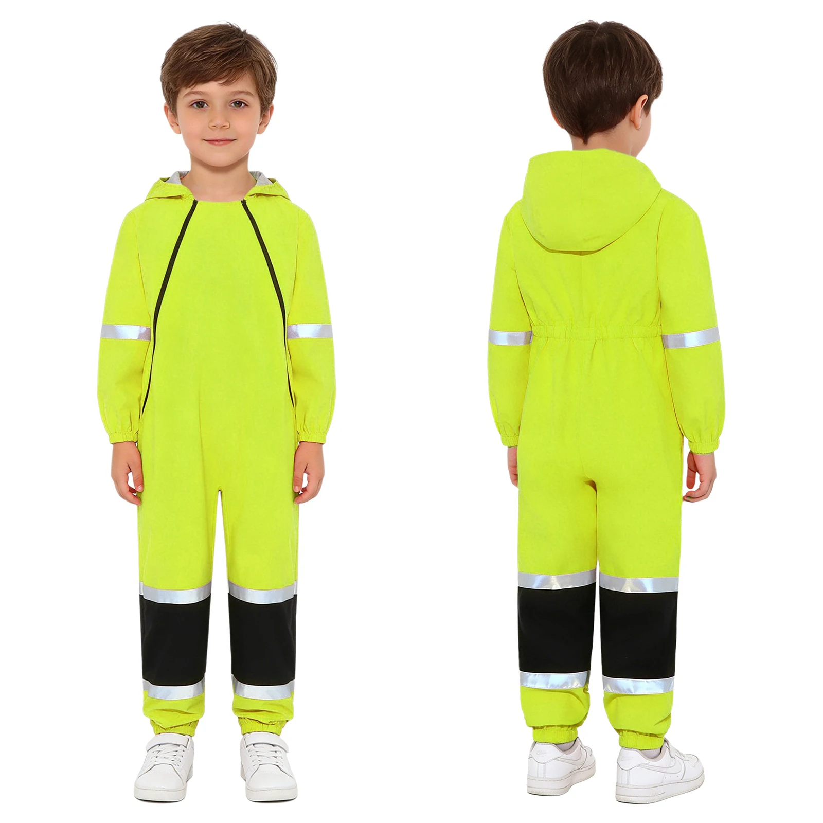 Kinder-Regenanzug Wasserdichter Sicherheits-Regenoverall mit Hoher Sichtbarkeit Langarm-Reißverschluss Kapuzen-Jumpsuit Regenmantel Regentag-Poncho
