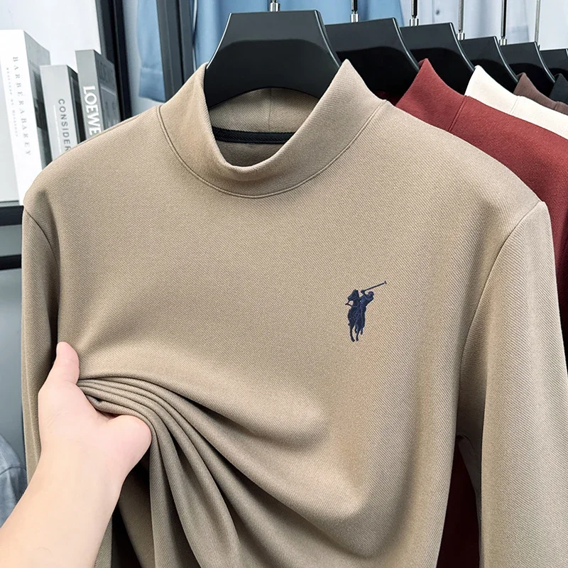 High quality, men's double-sided flannel semi high neck, ponytail, base T-shirt, autumn and winter warm long sleeved top