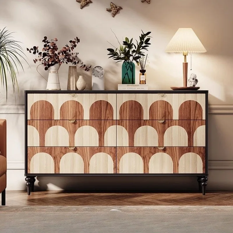 

French retro style solid wood six-chest cabinet small apartment against the wall, simple medium and ancient style storage