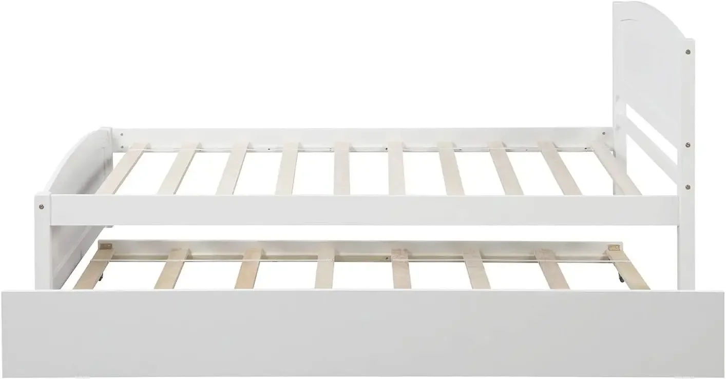 Platform Bed Frame with Trundle for 2 Kids, High Headboard, No Box Spring Need(White)