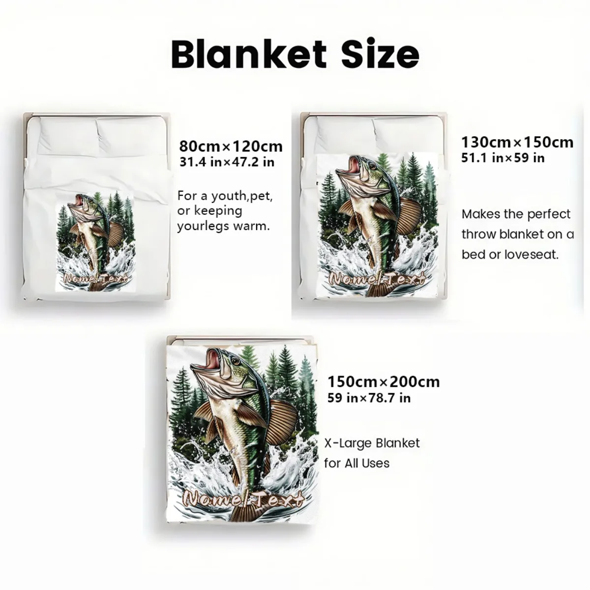 Custom Fishing Blanket Big Mouth Bass Jumping Water Forest Design Personalized Name Fleece Throw All Season Soft Warm Bedding