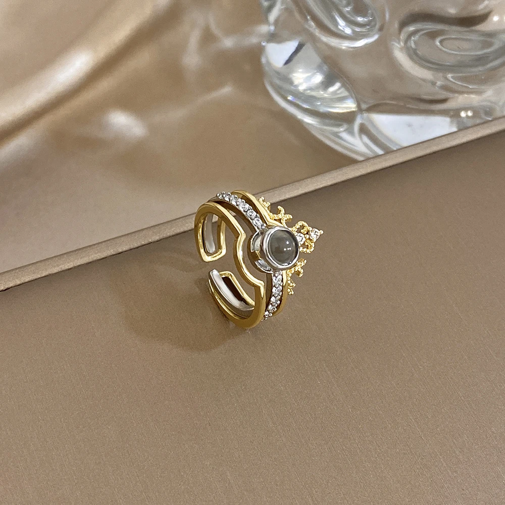 DODOHAO Luxury Crown Design Zircon Inlaid Open Ring for Women Gold Plated Waterproof Separable Ring Party Jewelry Accessories