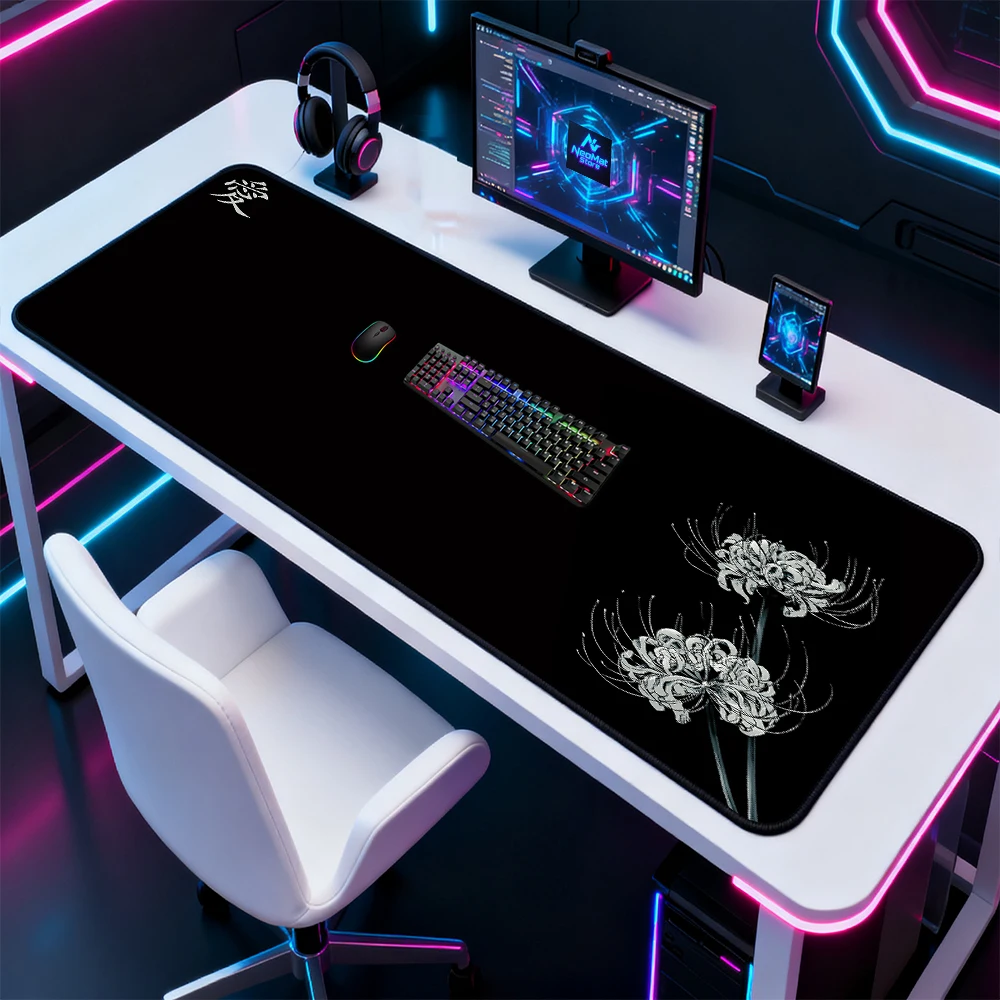 Japanese Floral Desk Mat Keyboard Mat White Lily Gaming 140x60 Black Elegant Minimalist Office Spider Mousepad Full Pc Mousemat