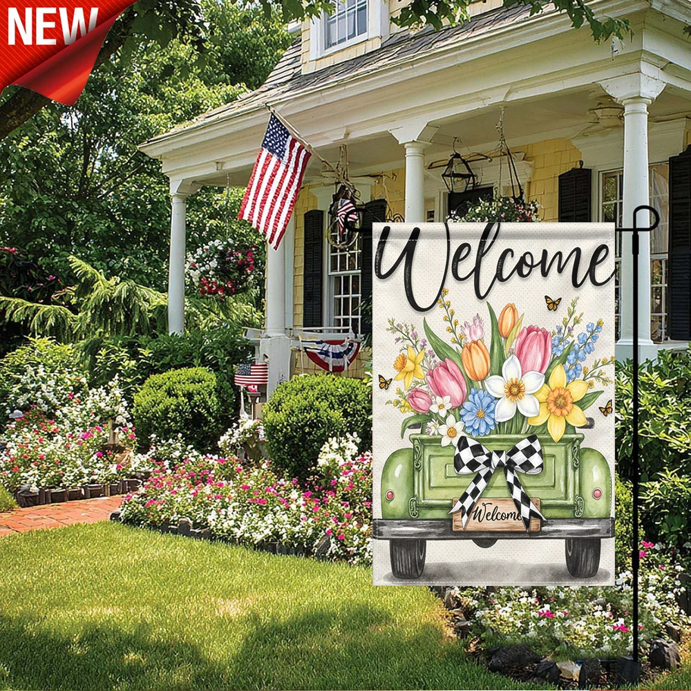 

1PC, Welcome Floral Truck Garden Flag Spring Tulip Daffodil Butterfly Outdoor Decorative Yard Flag