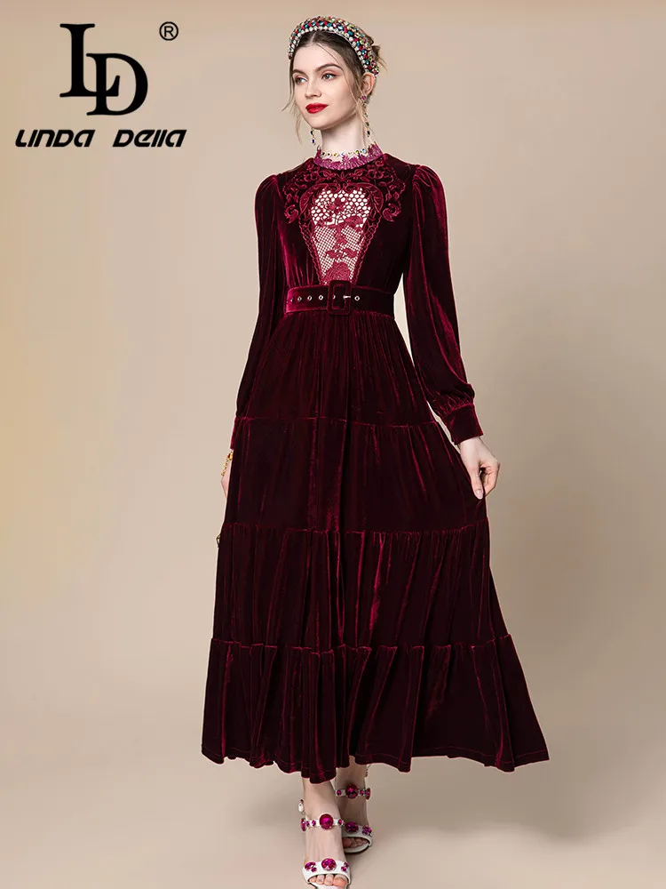 LD LINDA DELLA Autumn winter Vintage Dress Women\'s Wine red Embossed hollow Belt Cascading Ruffle Splice Draped Thick Long Dress