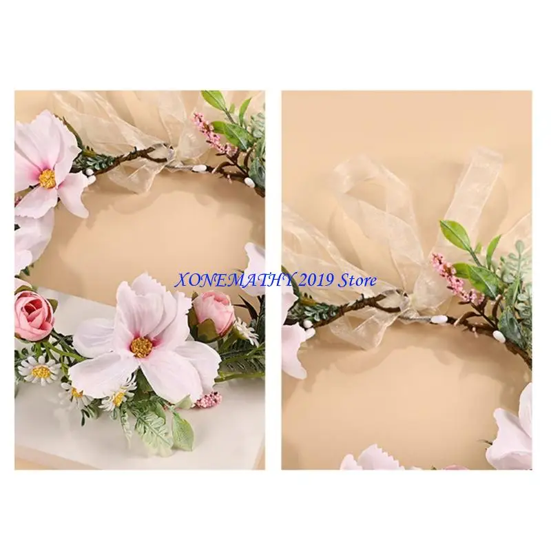 

F42F Natural Fabric Flower Headbands With Plastic Grass Accent Elastic Comfort Band For Outdoor Family Event Adventures