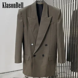 9.7 KlasonBell Women Clothes Wool Loose Blazer Classic Temperament Shoulder Pads Double Breasted Long Jacket 2024 Women New