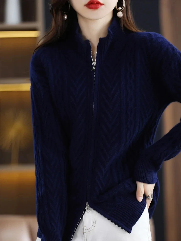 2024 High Quality Women Cardigan Spring Autumn  Warm Long Sleeve 100% Merino Wool Fashion Zipper Knit Sweater Women Coat