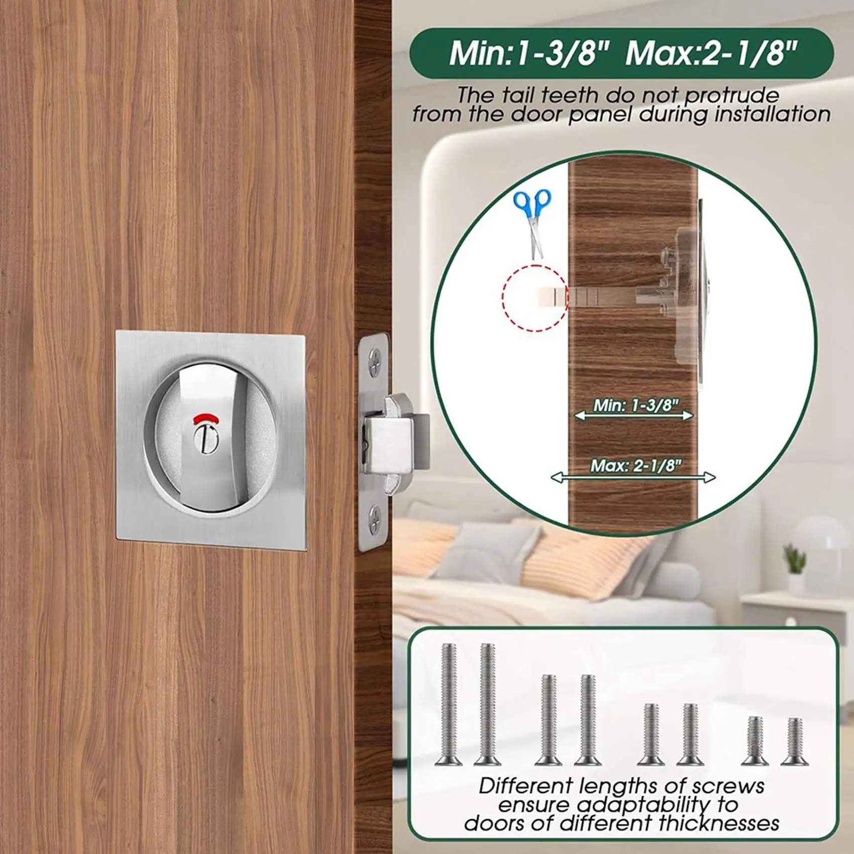 B03C-3X Pocket Door Lock With Indicator Light, Silver Privacy Square Pocket Latch, Barn Door Lock Pocket Door Hardware