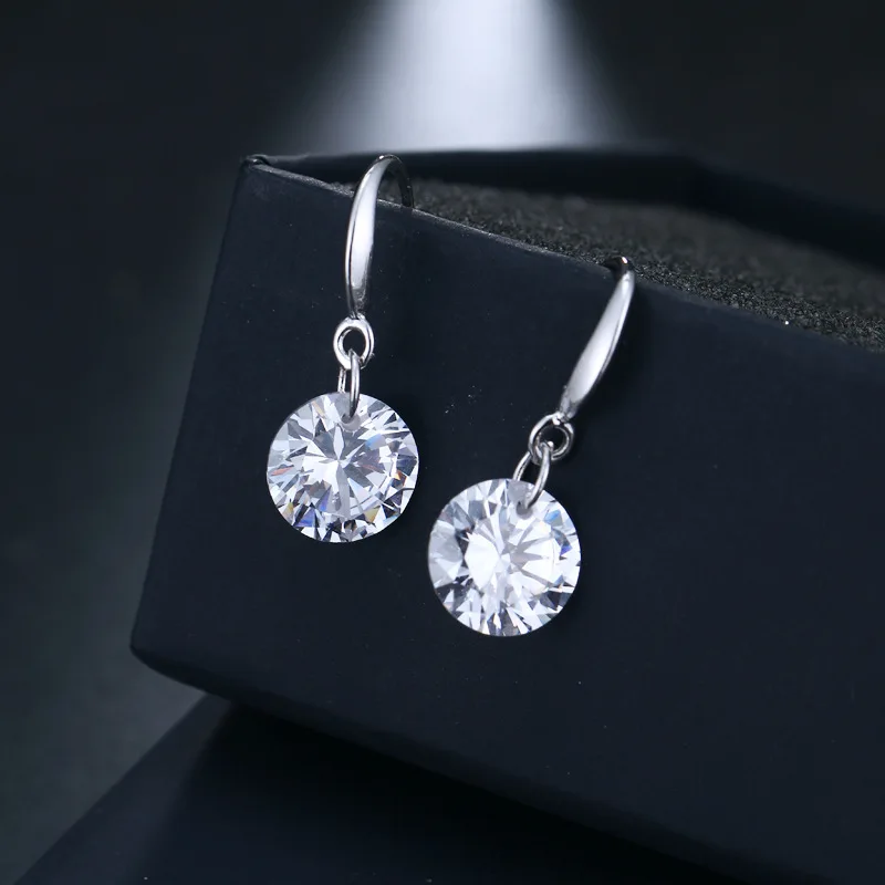 New Round Crystal Zircon Drop Earrings for Women Silver Color Hook Dangle Earrings Brief Wedding Party Fashion Jewelry Gift