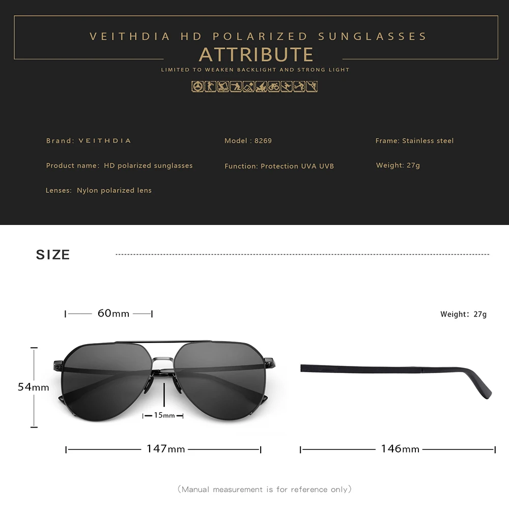 VEITHDIA نظارات شمسية كلاسيكية للرجال، نظارات شمسية مستقطبة من النايلون عالي الوضوح، نظارات مقاومة للأشعة فوق البنفسجية 400 للذكور 8269 #5