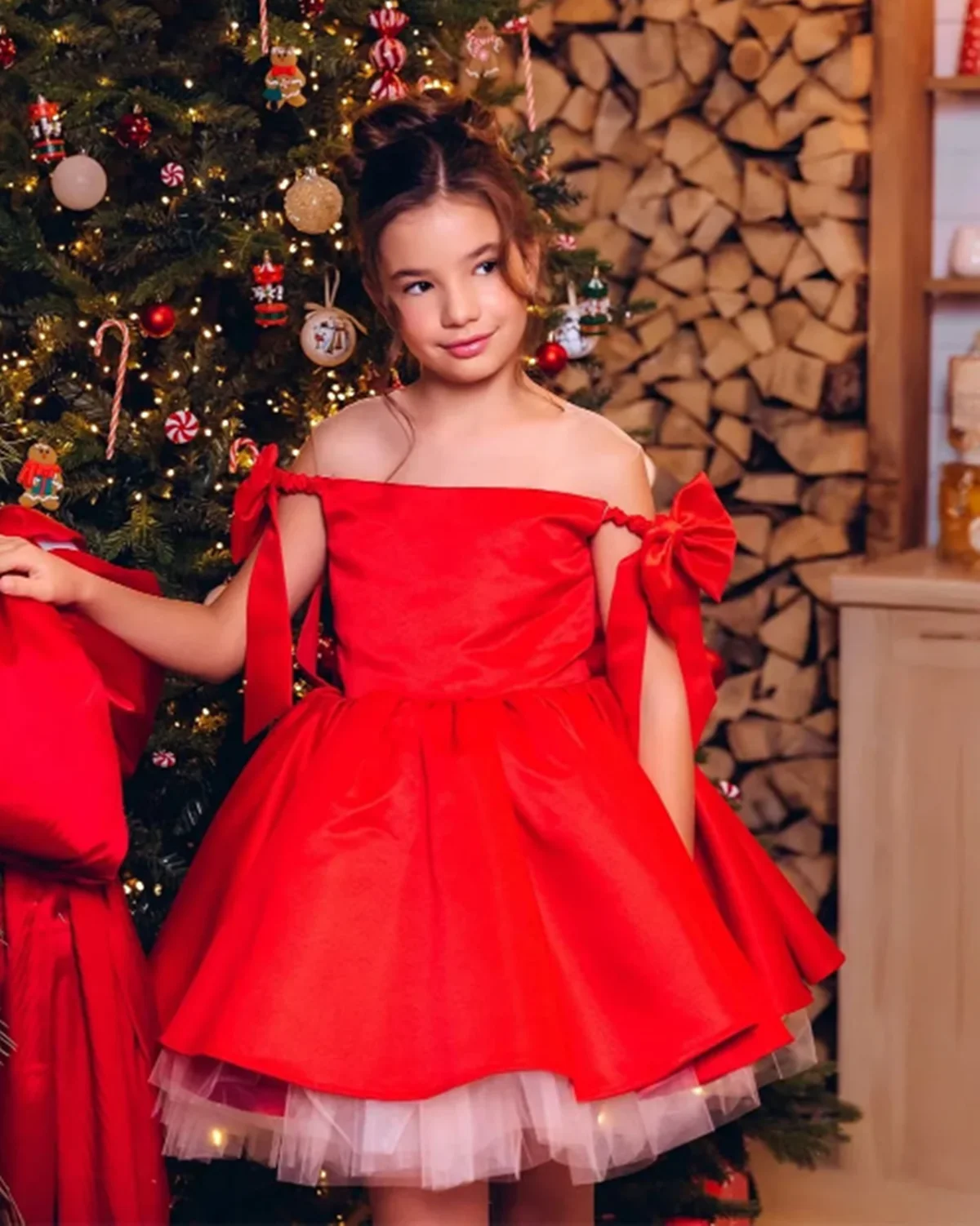 Customized Red Flower Girl Dresses For Wedding Off Shoulder With Bow Fluffy Birthday Party Evening Banquet Formal Events Gown