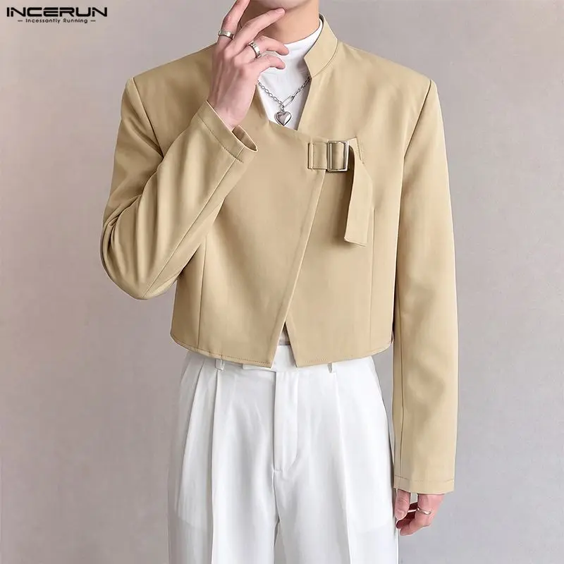 Fashion Men's Blazer Solid Color V Neck Long Sleeve One Button Casual Crop Blazer For Man Streetwear Leisure Male Suits INCERUN