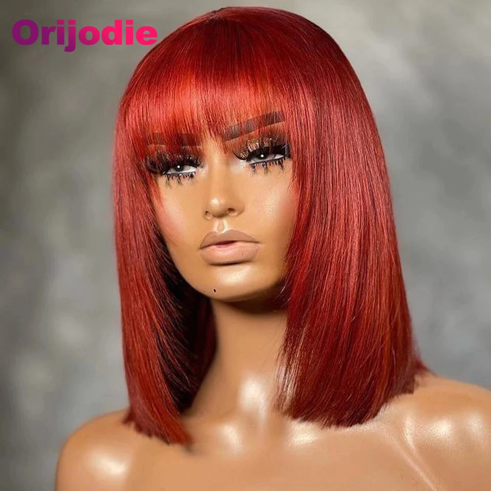 

Colored Red with Bangs 13x4 Lace Frontal Short Bob Wig Transparent Lace Front Straight Bob Human Hair Wigs for Women Pre Plucked