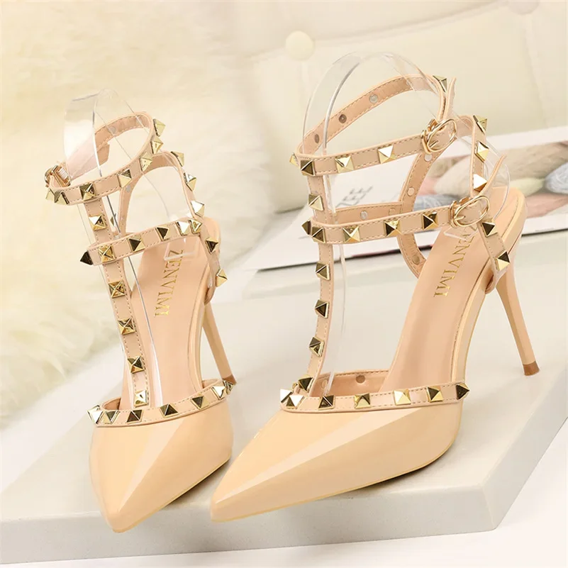 2025 Summer Women 9cm High Heels Rivets Sandals Designer Suede Nude Purple Stiletto Heels Gladiator Sandals Lady Studded Shoes