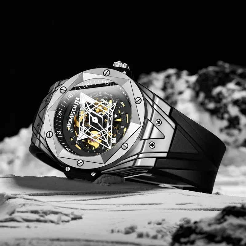 Fashion Men\'s Automatic Mechanical Watch Silicone Strap Waterproof Sports Watch for Men Stylish No Pointer Creative Gift Watches