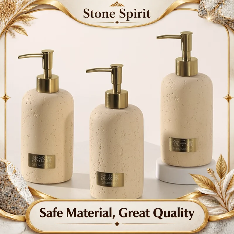 Soap Dispenser with Label, Bathroom Counter, Wind Tunnel Stone Lotion Bottle, Home Decoration, Storage Room, Travertine, Tray
