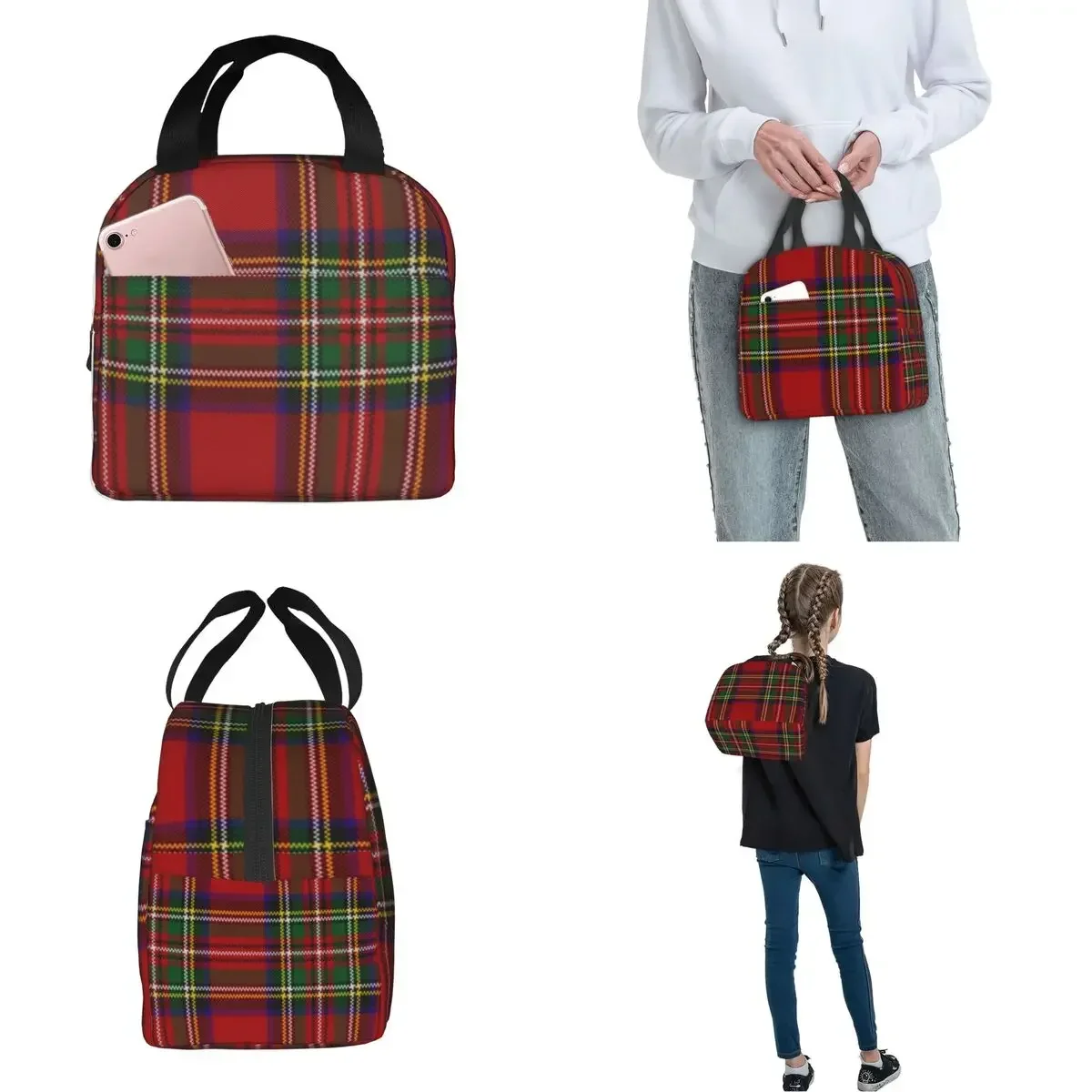 Scottish Stripes Pattern Insulated Lunch Bag Portable Lunch Container Thermal Bag Tote Lunch Box Office Outdoor Food Bag