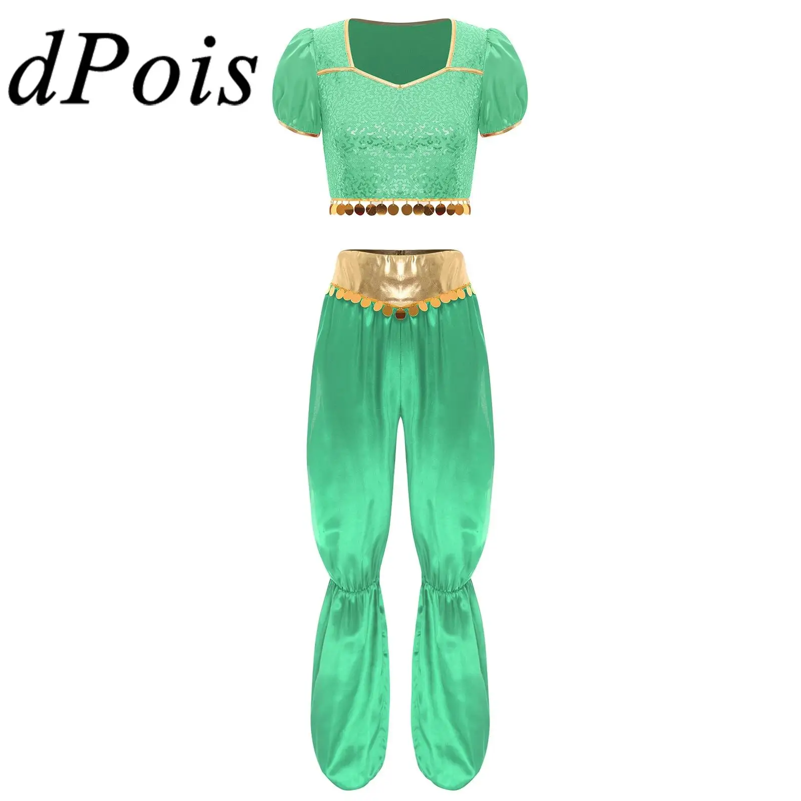 

Women Halloween Arabian Princess Costume Belly Dance Outfit Sequins Top + Pants for Cosplay Arab Dance Performance Masquerade