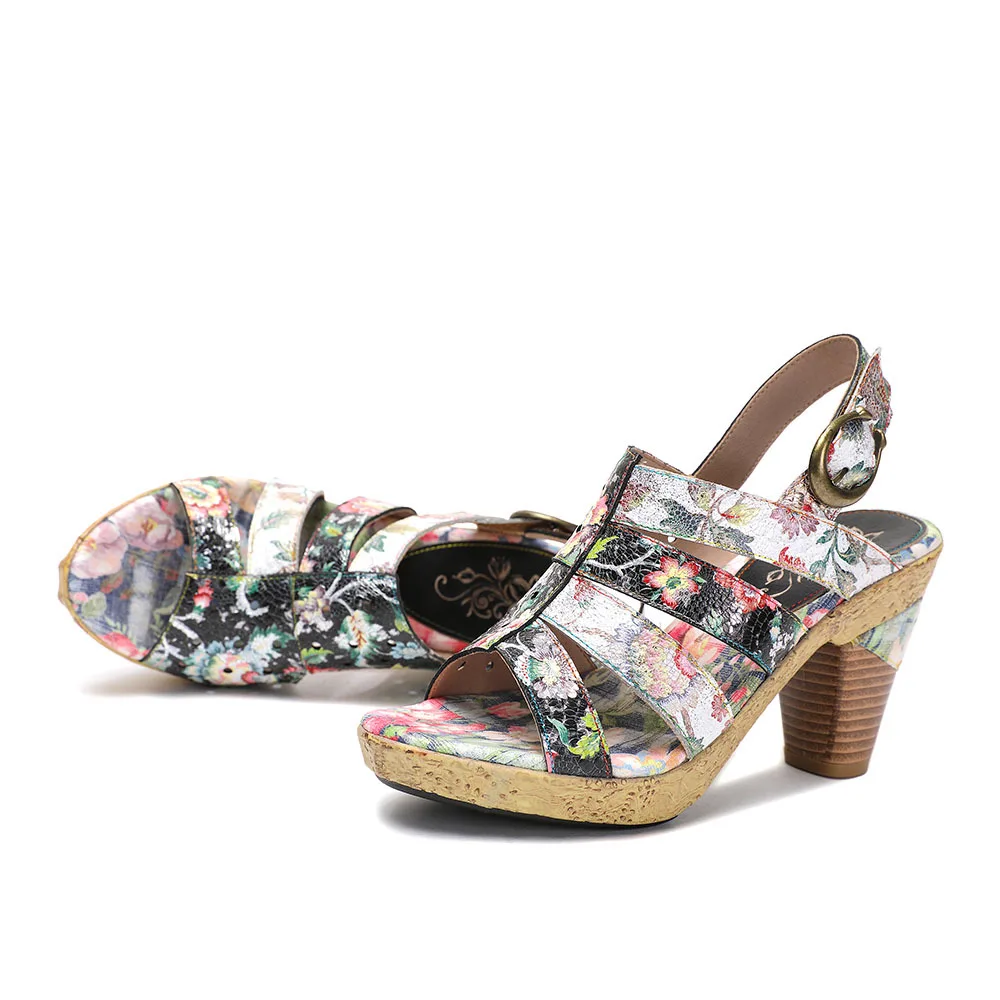 

Vicconfy Leather Floral Heeled Black Sandals