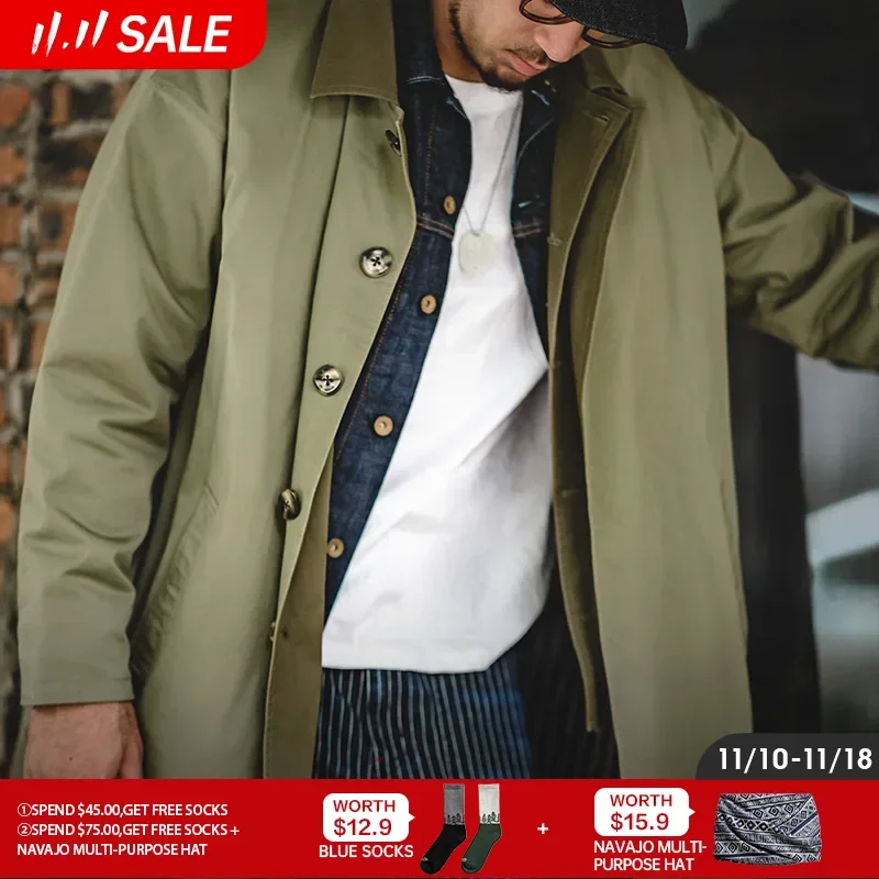 

Maden Casual Balmacaan Trench Coat Men's Amekaji Loose Green Windbreaker Heavyweight Twill Long Jackets Vintage Overcoats