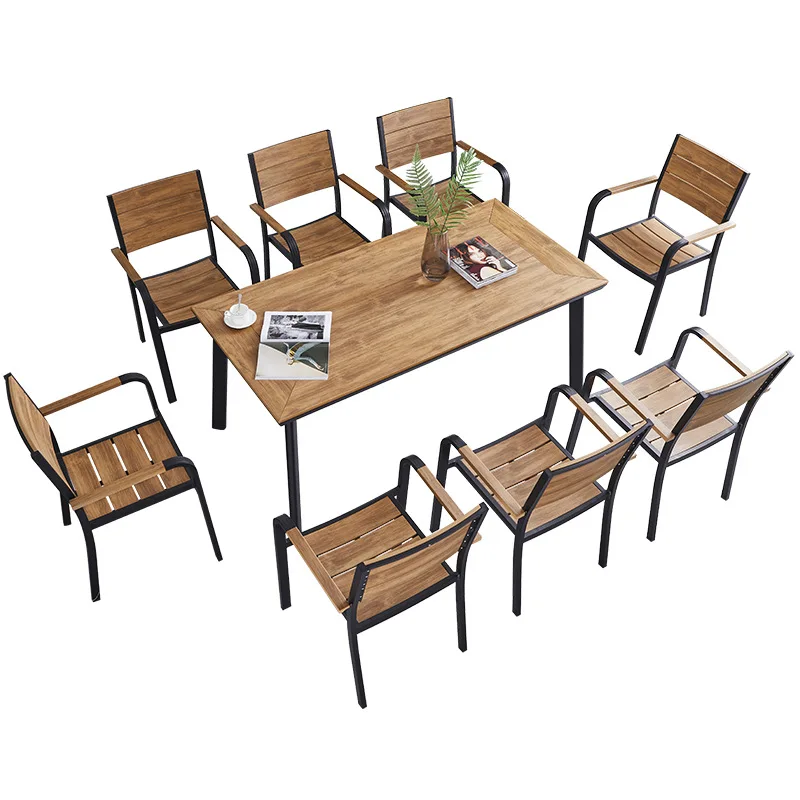 

Outer plastic wood tables and chairs, casual outdoor table and chair combination, garden cafe dining bar courtyard tables