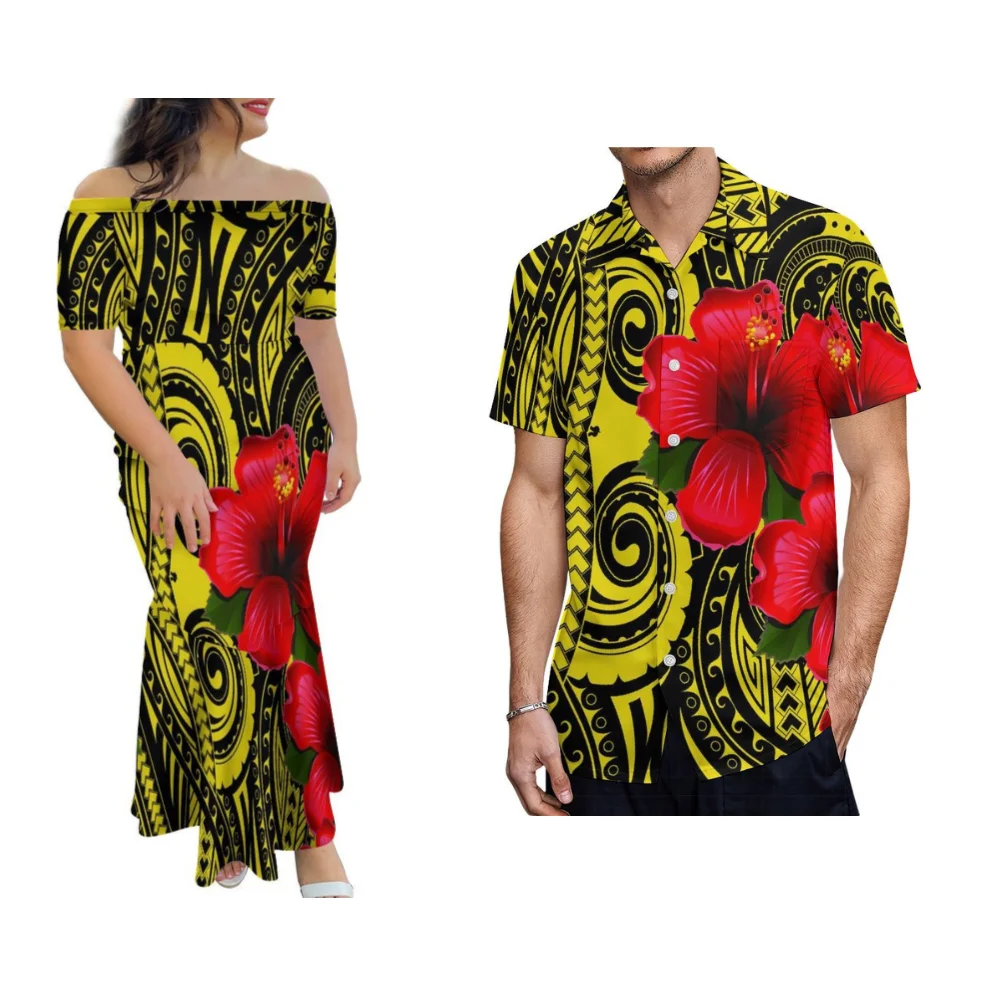 ساموا زهرة الكركديه فساتين نسائية مصنوعة حسب الطلب قمصان رجالية صيفية بأكمام قصيرة عالية الجودة تنانير ذيل السمكة للتخسيس