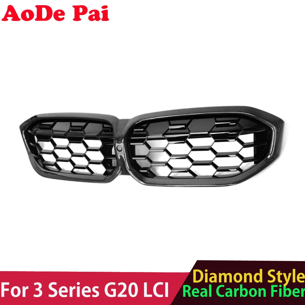 2023 2024 G20 Grille Real Carbon Fiber Diamond Radiator Style Front Bumper Mesh Grill for BMW 3 Series G20 G21 LCI  M340i M340d