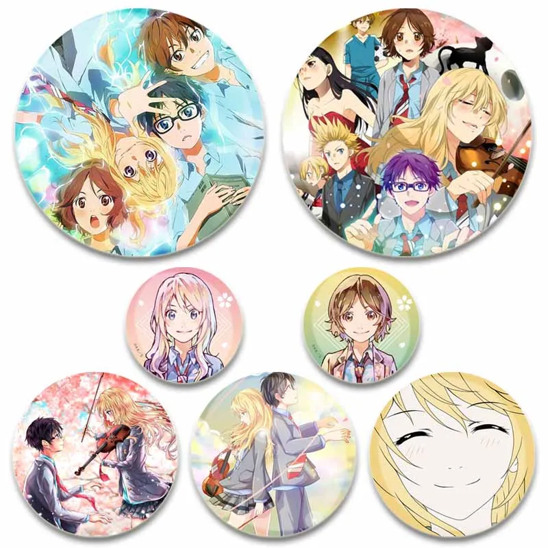 Insignia de tu mentira en abril de 58MM, figura de Anime Miyazono Kaori Arima Kousei, broche, alfileres, mochila, decoración de ropa, Pin de icono de animación