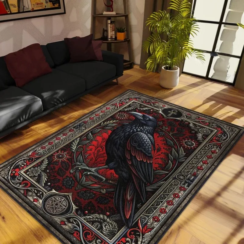 Gothic Raven Rug with Ankh and Pentagram Symbols Dark Academia Rug Black Cool Satanic Home Decorative Rug Floor Entrance Mat