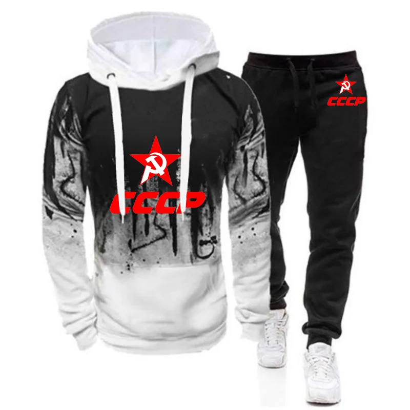 

2023 CCCP Russian Men's USSR Soviet Union New Hight Quality Long Sleeves Gradient Color Hoodies Tops+Two Pieces Suits Sweatpant