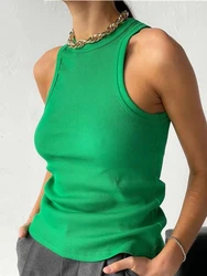 Ribbed Knitted Tops Neck Summer Basic Shirts White Black Casual Sport Vest Off Shoulder Green Women's Tank Top